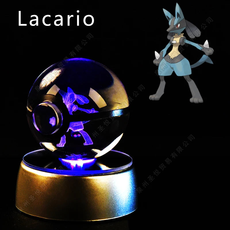 3D Pokemon crystal ball night light featuring Lucario character design in a crystal sphere, illuminated with blue light.